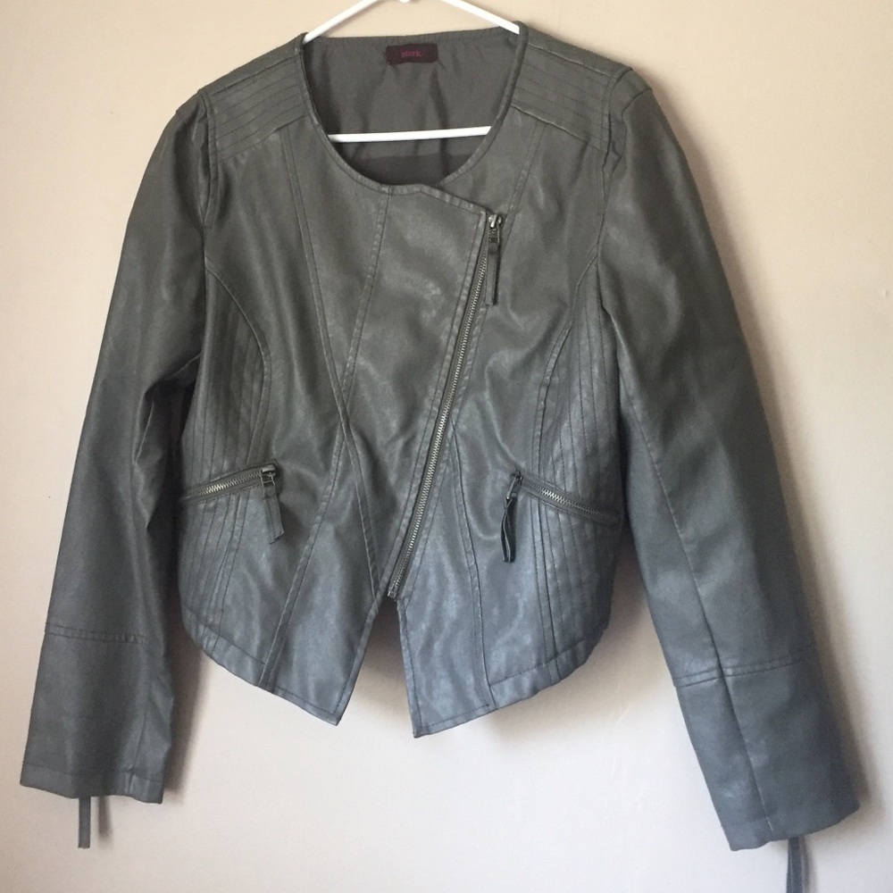 Grey Pleather, Chiffon-Back, Cross-Zip Jacket